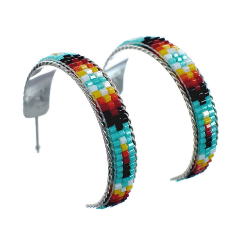 Sterling Silver Multicolor Beaded Navajo Post Hoop Earrings AX127620